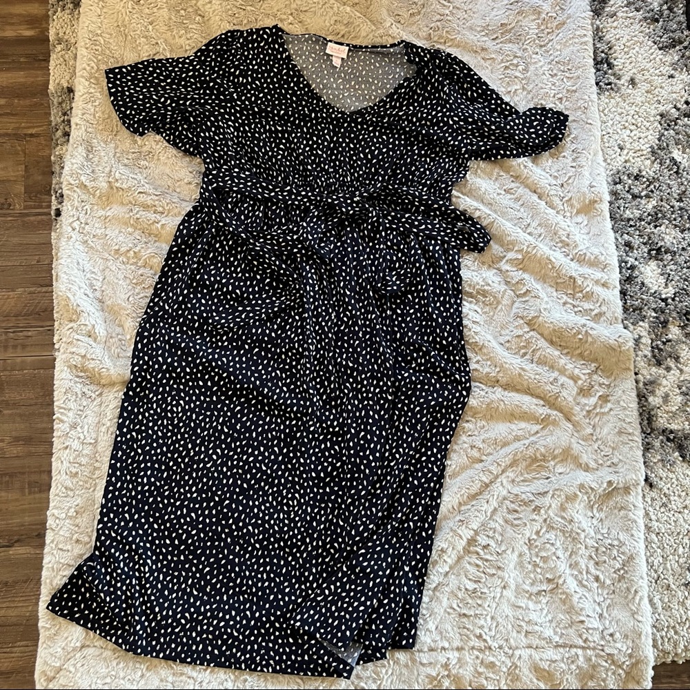 Isabel Maternity Flowy empire waist tie spotted navy dress midi